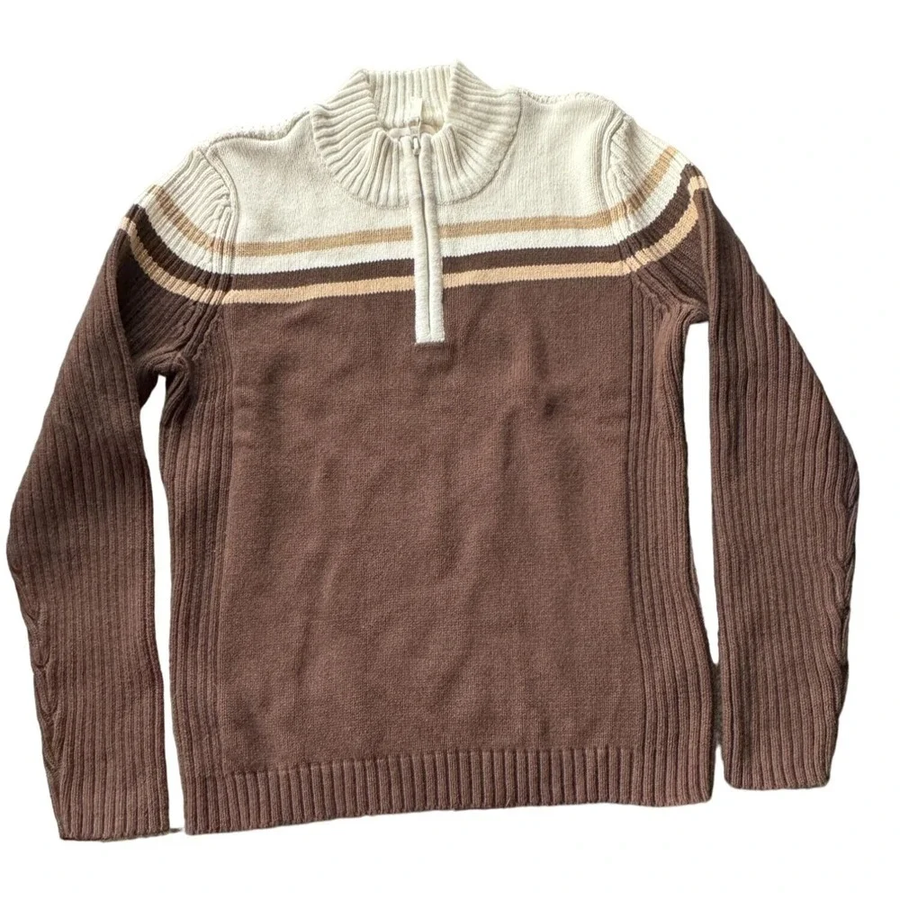 St Johns‎ Bay Petite Brown Striped Quarter Zip Cotton Mock Neck Sweater PM F2